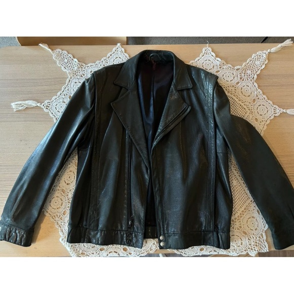 Mens Overland Sheepskin Green Moto Leather Bomber Jacket Size 40 - Picture 13 of 15